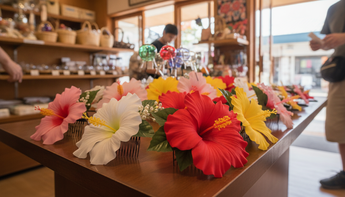 沖縄でハイビスカスの髪飾りを売ってる場所は観光エリアの土産店に集中している?